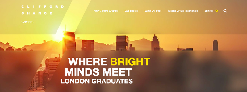 Clifford Chance website page with the words, &#x27;Where bright minds meet, London Graduates&#x27;.