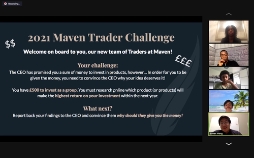 Bowen Wang presenting the Maven Trader Challenge - Zoom screenshot