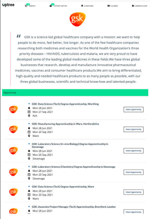 Screenshot of GSK company page on the Uptree website which shows an overview of the company and all the student opportunities available