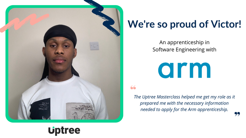 Picture of Victor wearing a white t-shirt and black head covering, looking directly at the camera, with the words to the right saying &#x27;We&#x27;re so proud of Victor&#x27; for his Software Engineering apprenticeship with Arm